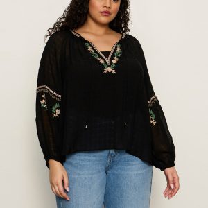 Raye Embroidered Blouse Black Extended Sizing