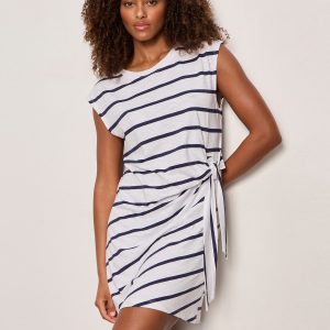 Side Tie T-Shirt Dress White/Navy Stripe