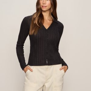 Button Down Textured Top Black