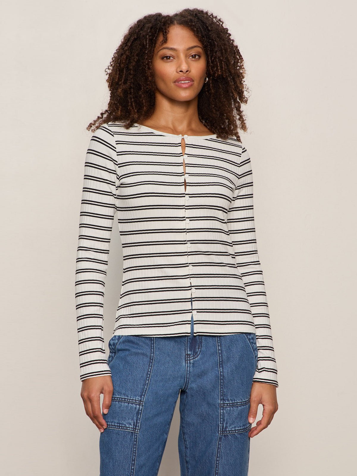 Button Front Ribbed Top Chalk / Black Stripe - Image 2