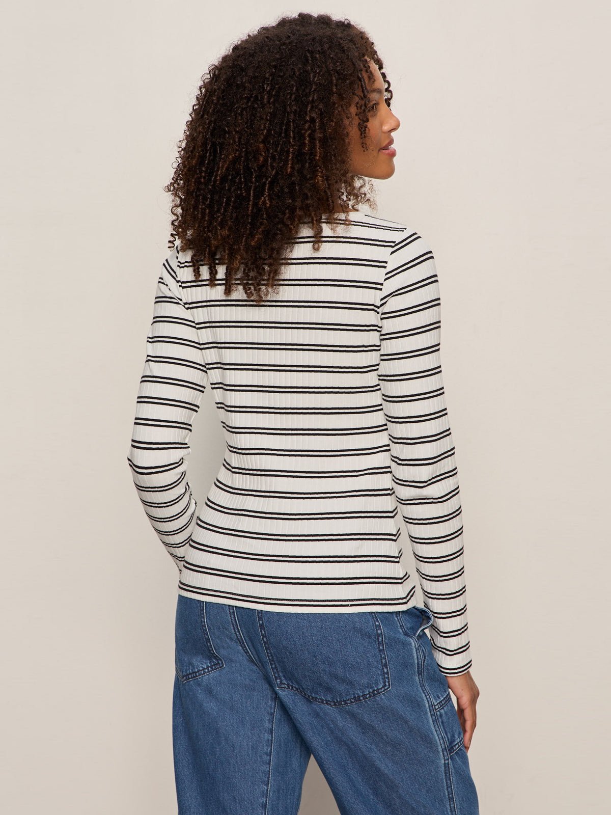 Button Front Ribbed Top Chalk / Black Stripe - Image 3