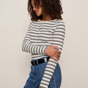 Button Front Ribbed Top Chalk / Black Stripe