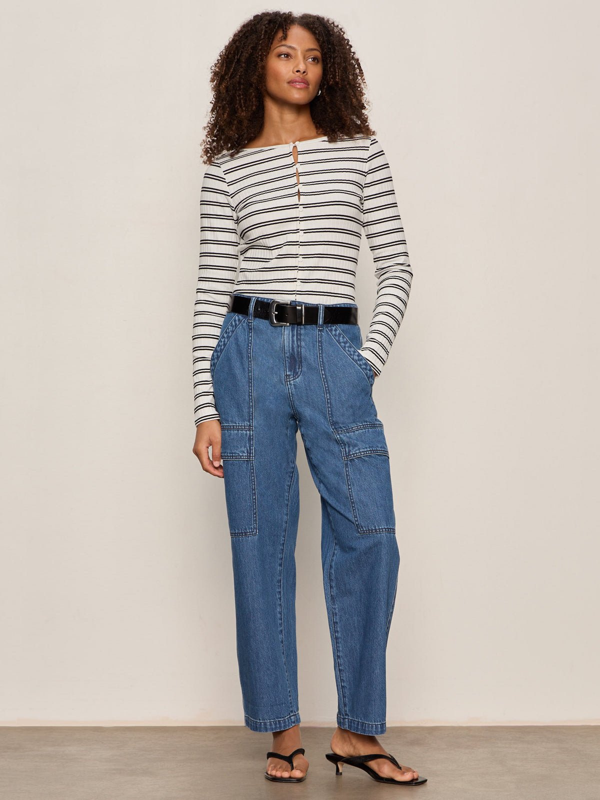 Button Front Ribbed Top Chalk / Black Stripe - Image 5