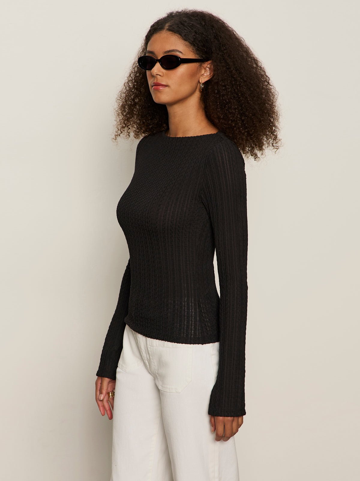 Long Sleeve Boatneck Textured Top Black - Image 3