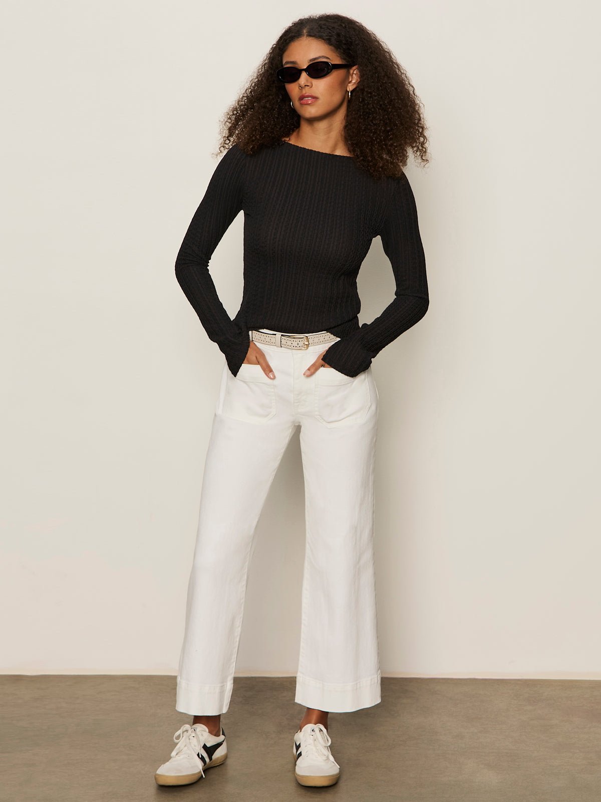 Long Sleeve Boatneck Textured Top Black - Image 5