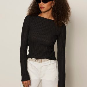 Long Sleeve Boatneck Textured Top Black