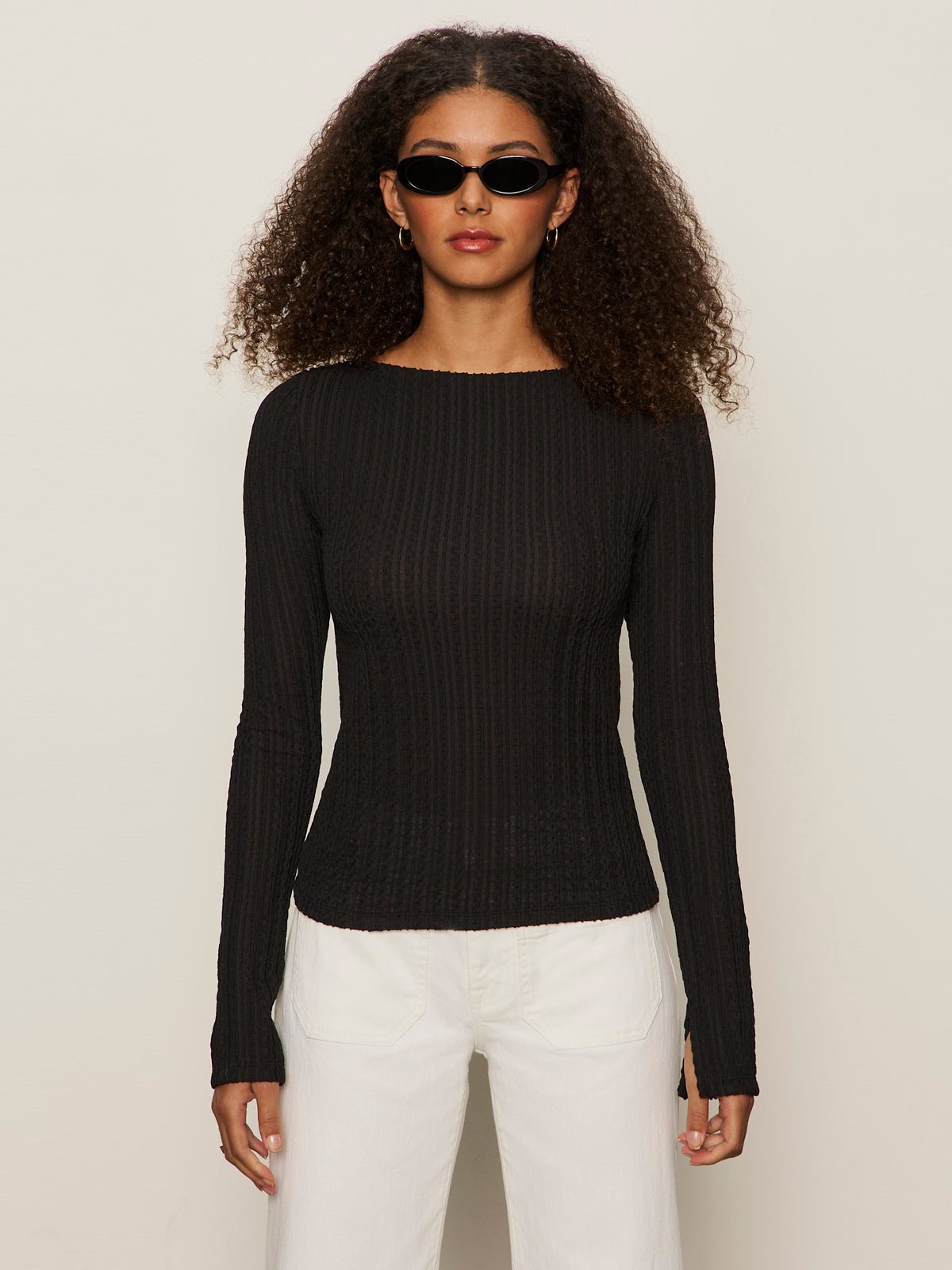 Long Sleeve Boatneck Textured Top Black - Image 2