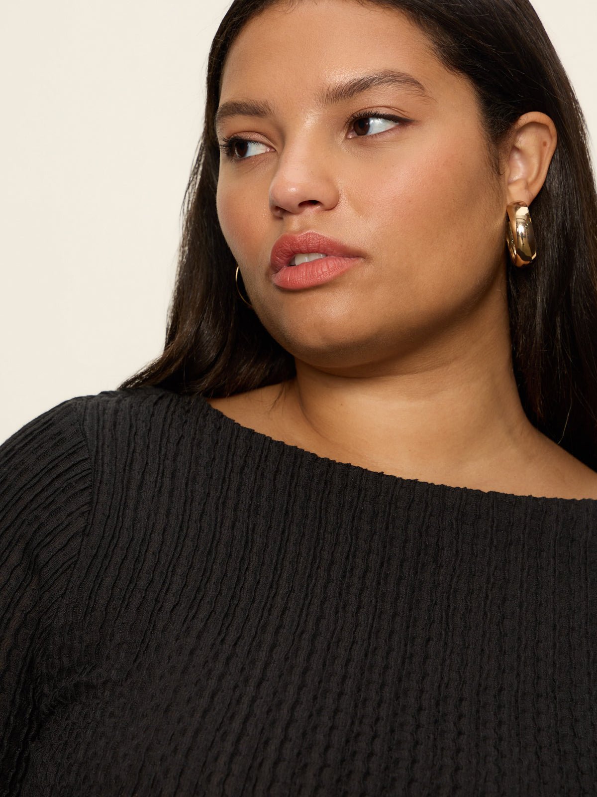 Long Sleeve Boatneck Textured Top Black Extended Sizing - Image 4