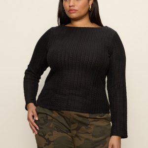 Long Sleeve Boatneck Textured Top Black Extended Sizing