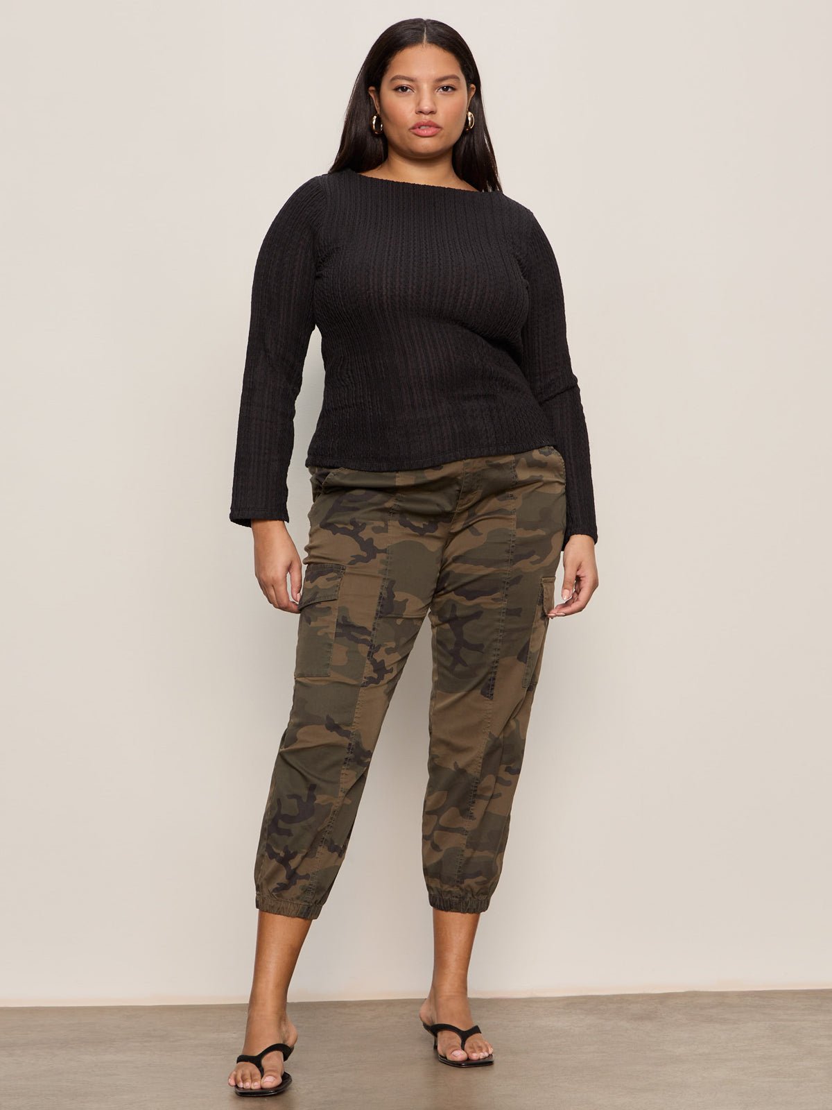 Long Sleeve Boatneck Textured Top Black Extended Sizing - Image 3