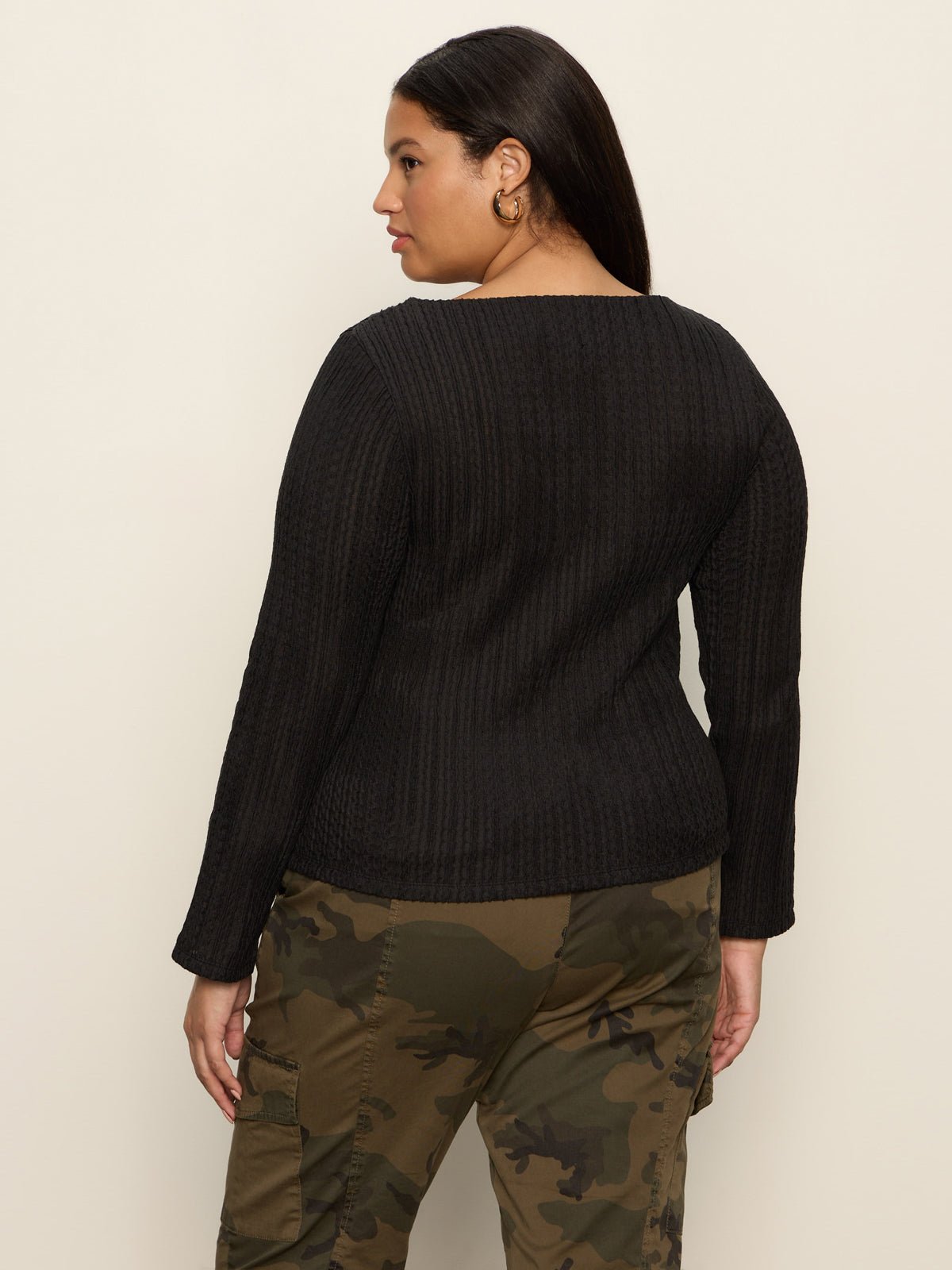 Long Sleeve Boatneck Textured Top Black Extended Sizing - Image 2