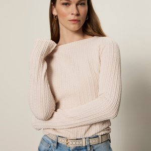 Long Sleeve Boatneck Textured Top Pink Milk