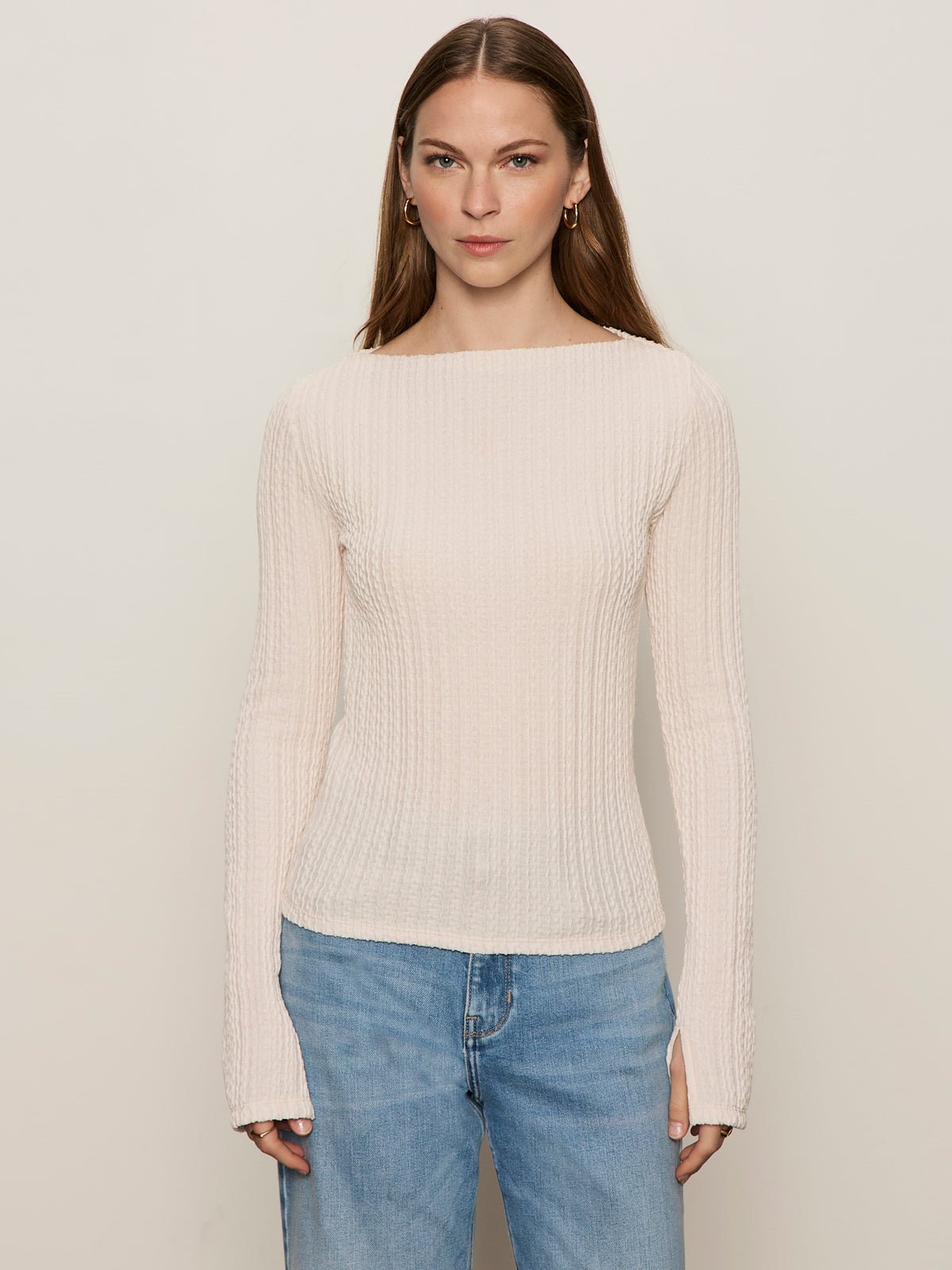 Long Sleeve Boatneck Textured Top Pink Milk - Image 2