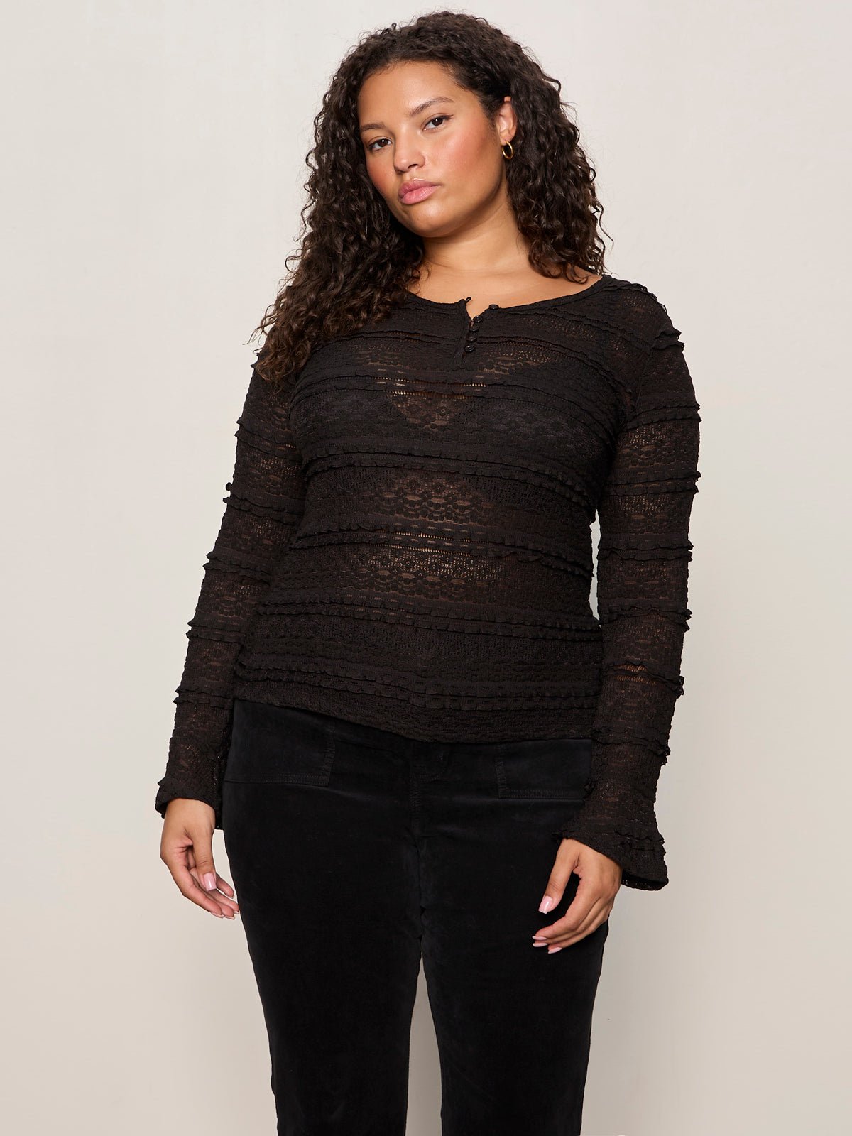 Lovely Lace Button Front Top Black Extended Sizing - Image 2