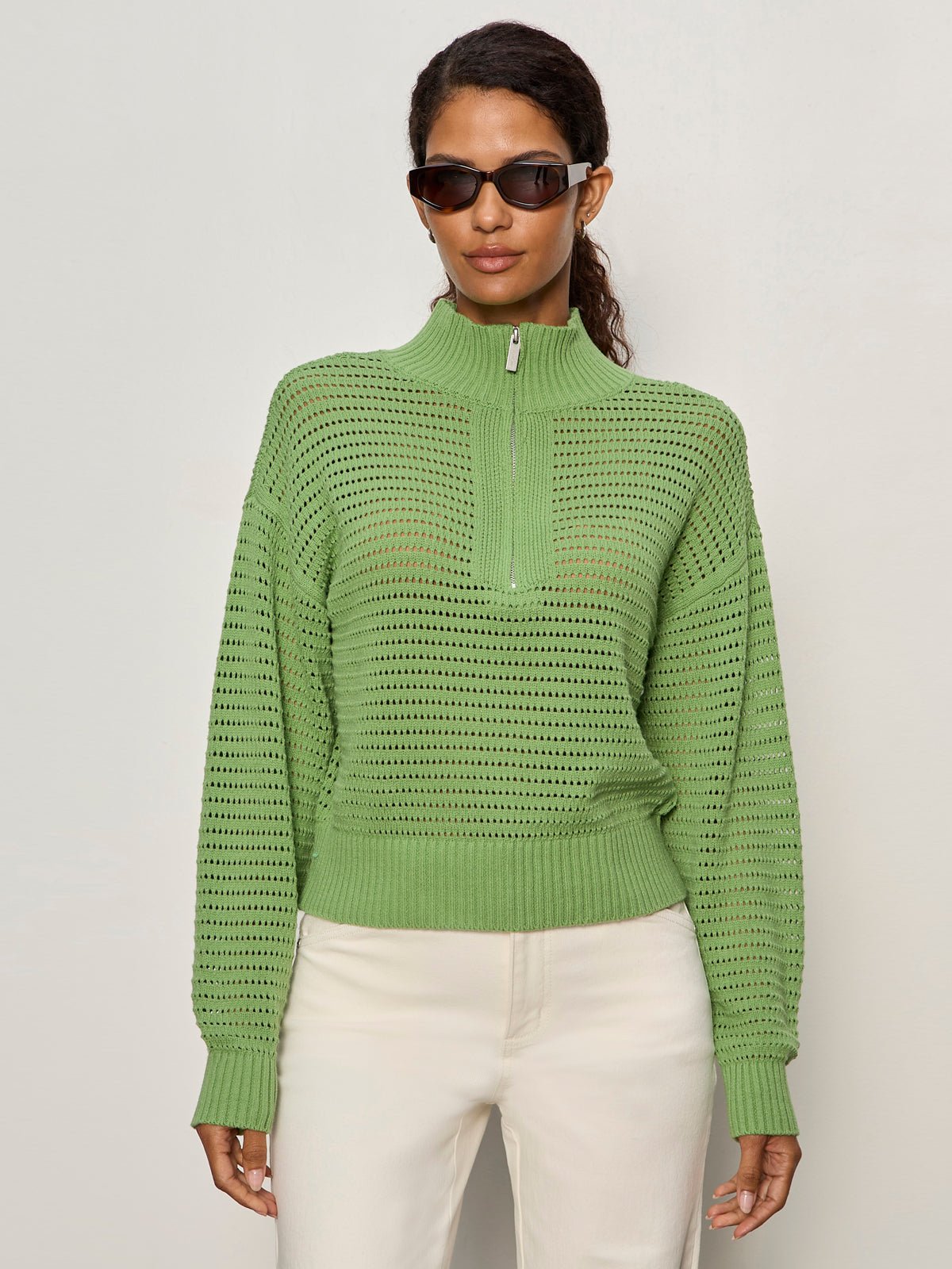 Open Knit 1/2 Zip Sweater Detox Green - Image 3