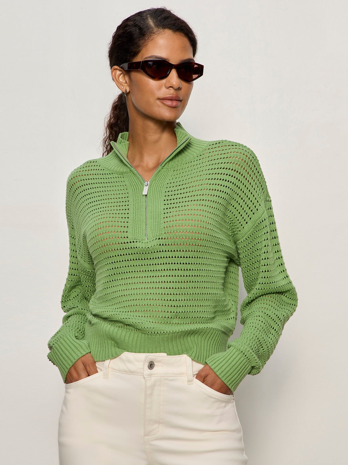 Open Knit 1/2 Zip Sweater Detox Green - Image 2