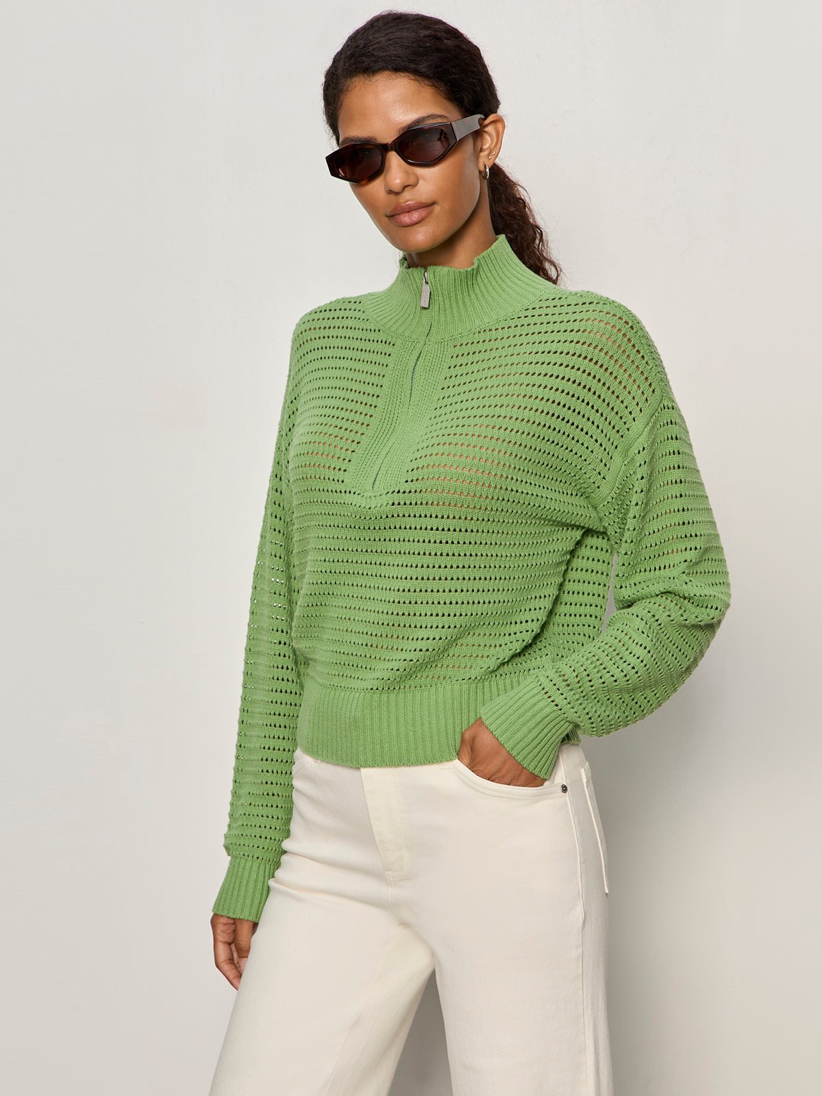 Open Knit 1/2 Zip Sweater Detox Green - Image 4