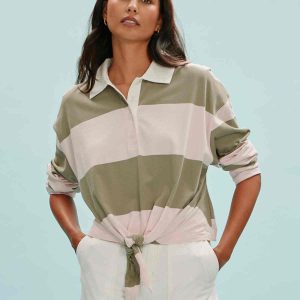 Rugby Tie Front Tee Oxygen Pink / Olive Tree Stripe